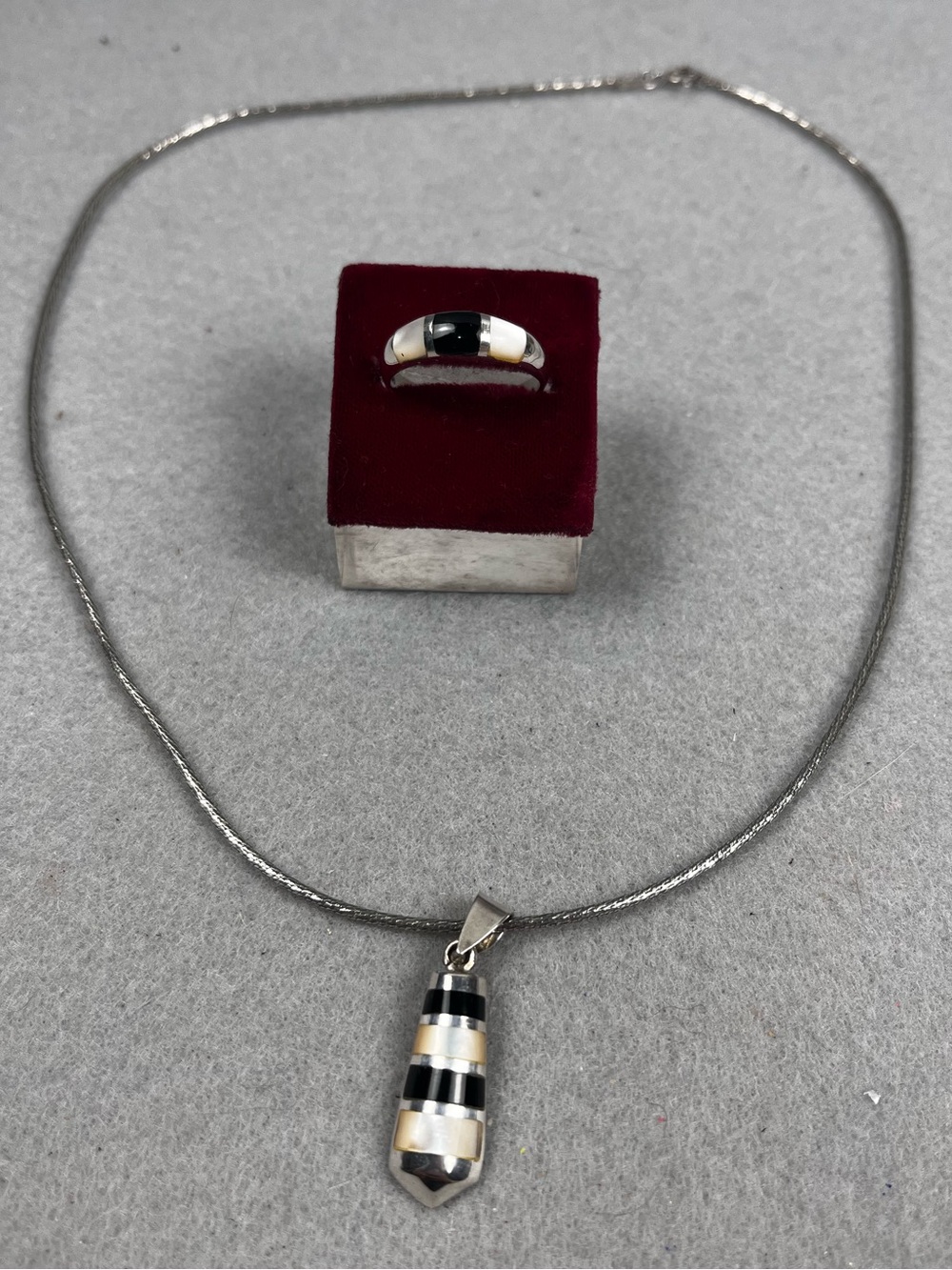 Vintage Onyx & MOP Premier Design Sterling Silver Ring 7 & Pendant M.S.Co Chain
